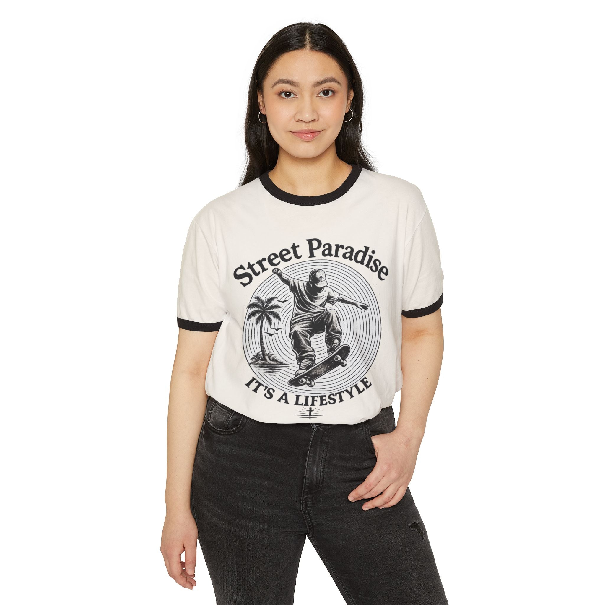 Skateboard Ringer T-Shirt — "Street Paradise: It&