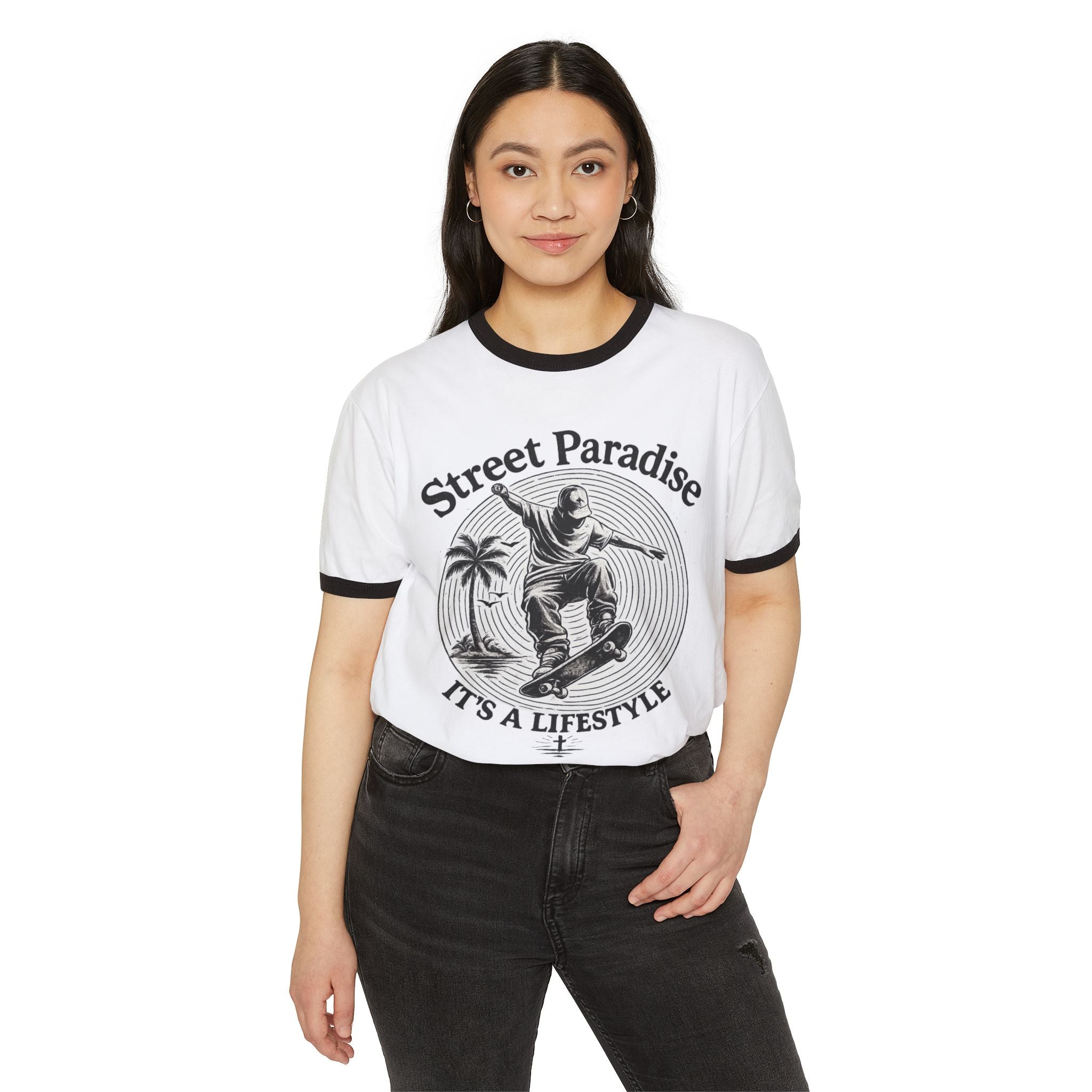 Skateboard Ringer T-Shirt — "Street Paradise: It&