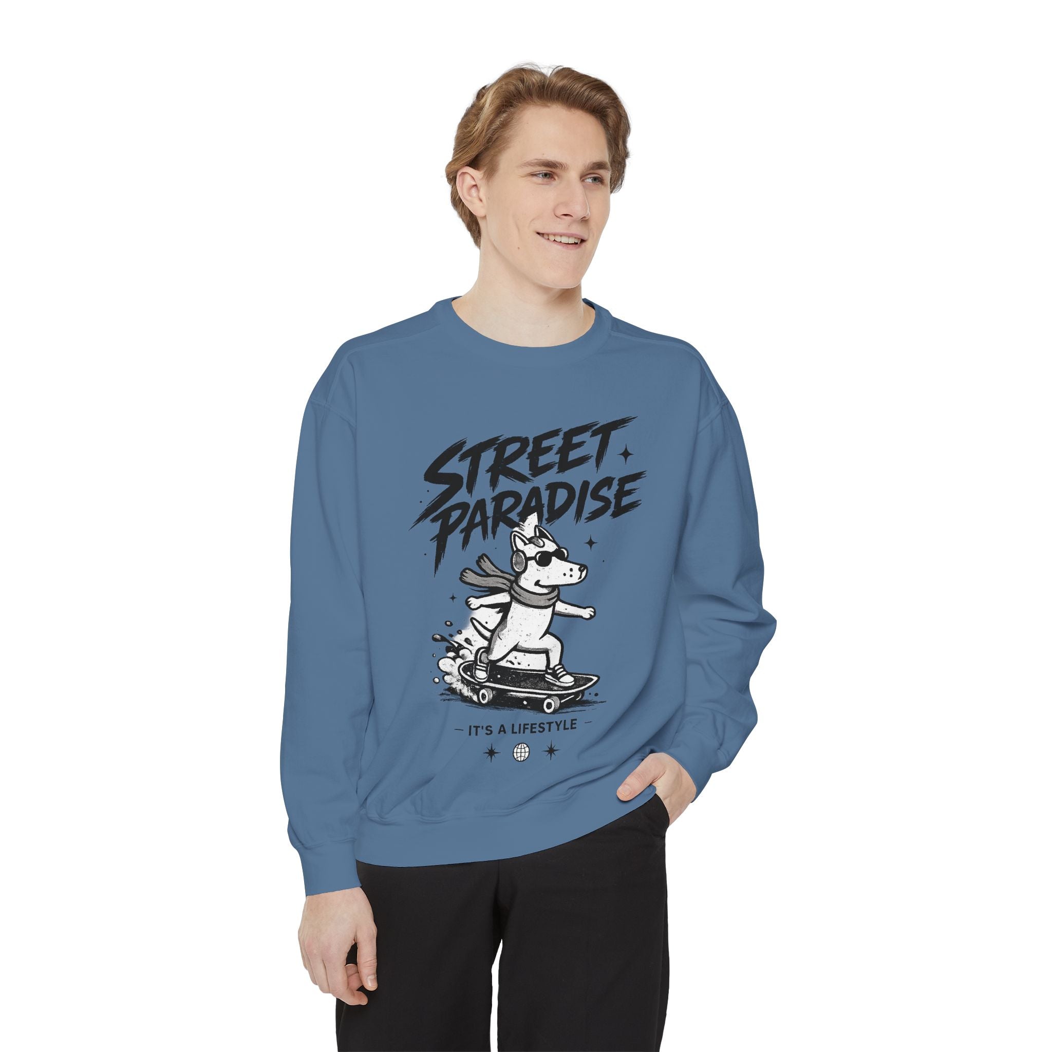 Street Paradise Skate Dog Sweatshirt — Graphic Skateboard Crewneck