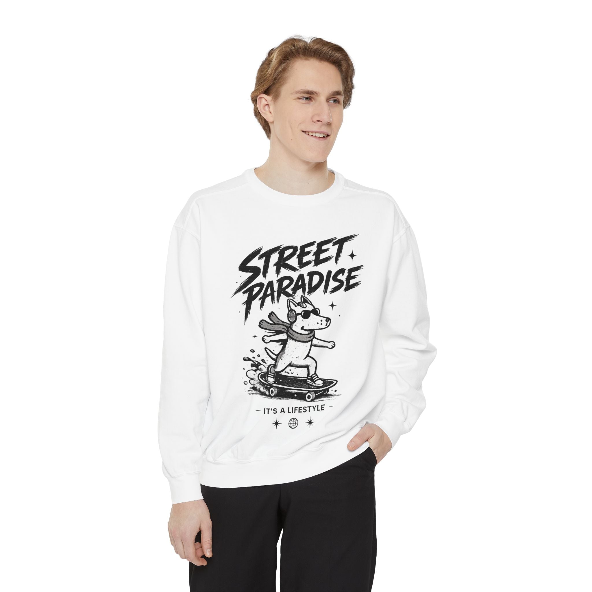 Street Paradise Skate Dog Sweatshirt — Graphic Skateboard Crewneck