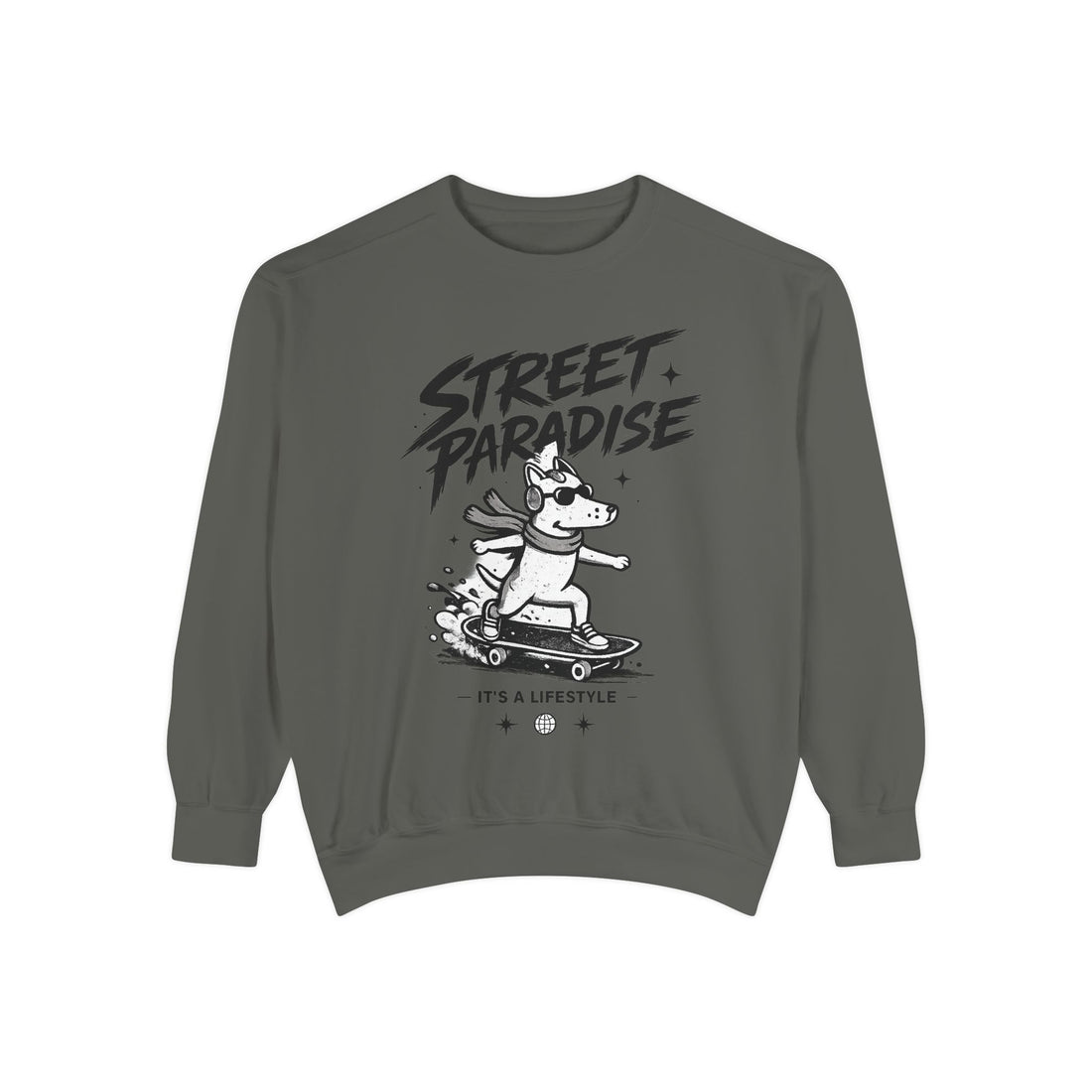 Street Paradise Skate Dog Sweatshirt — Graphic Skateboard Crewneck