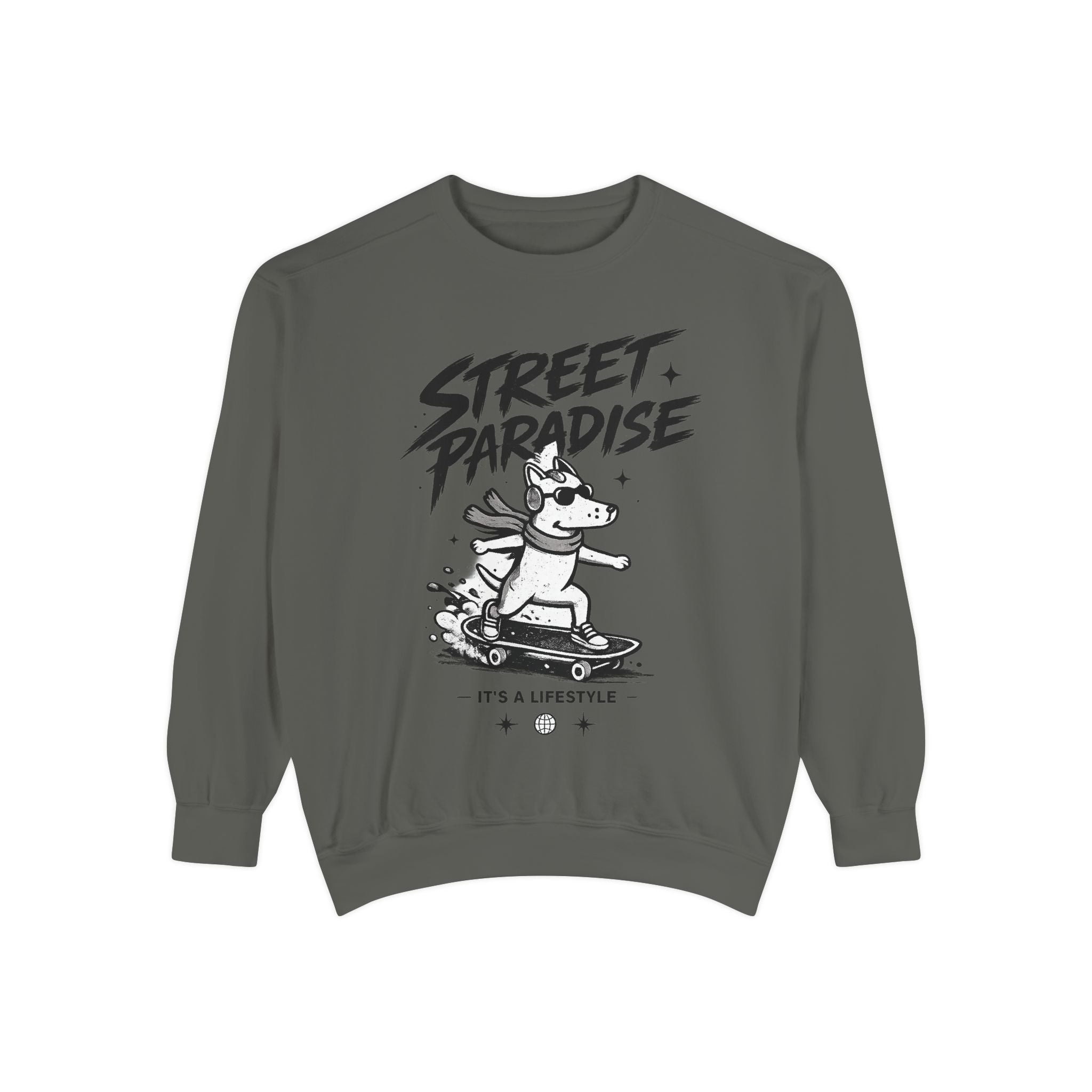 Street Paradise Skate Dog Sweatshirt — Graphic Skateboard Crewneck