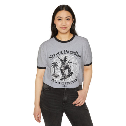 Skateboard Ringer T-Shirt — "Street Paradise: It&