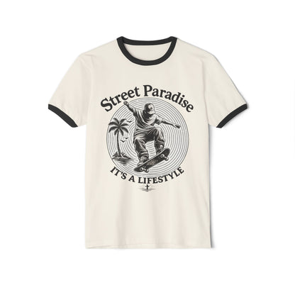 Skateboard Ringer T-Shirt — "Street Paradise: It&