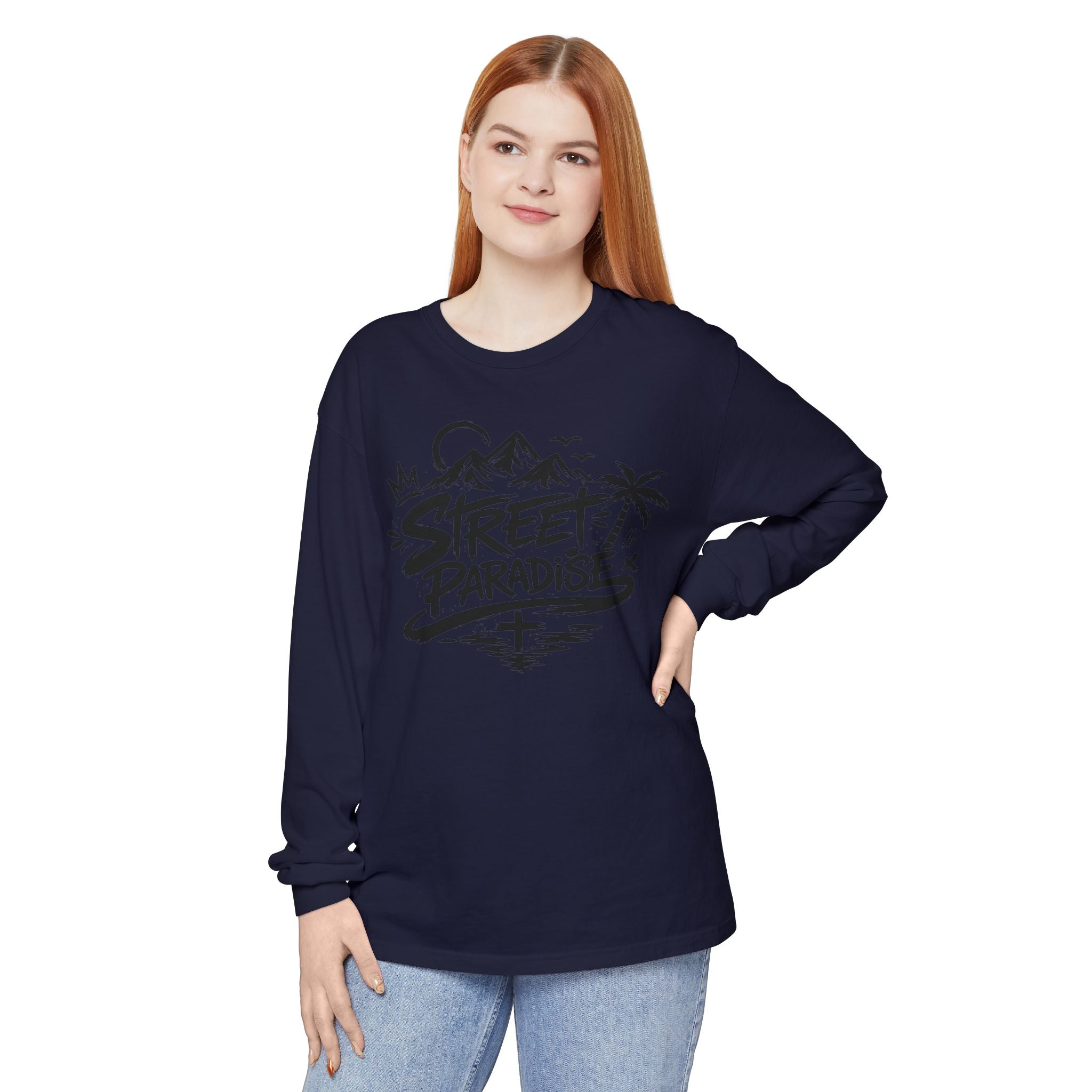 Street Paradise Long Sleeve T‑Shirt — Tropical Mountain Graphic