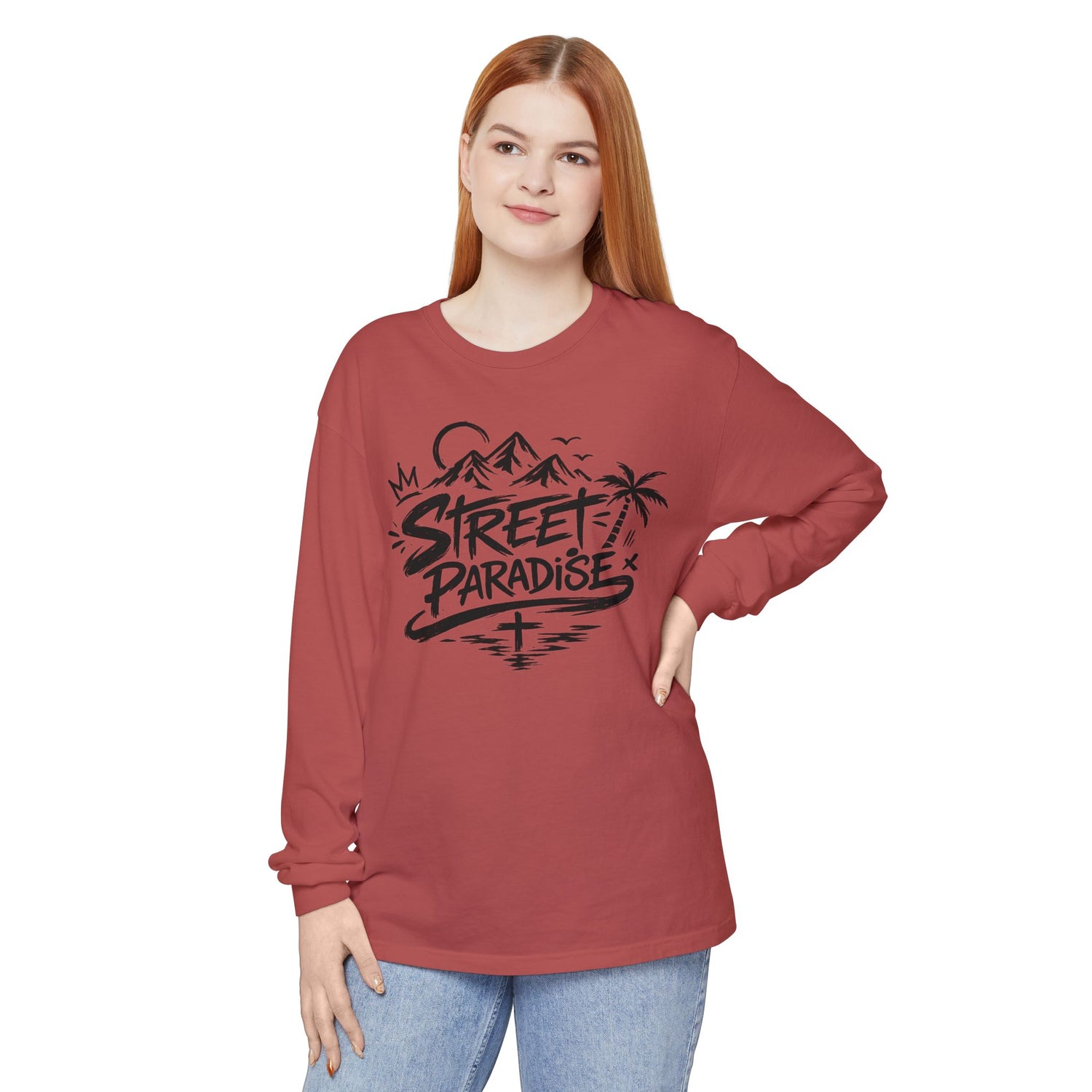 Street Paradise Long Sleeve T‑Shirt — Tropical Mountain Graphic