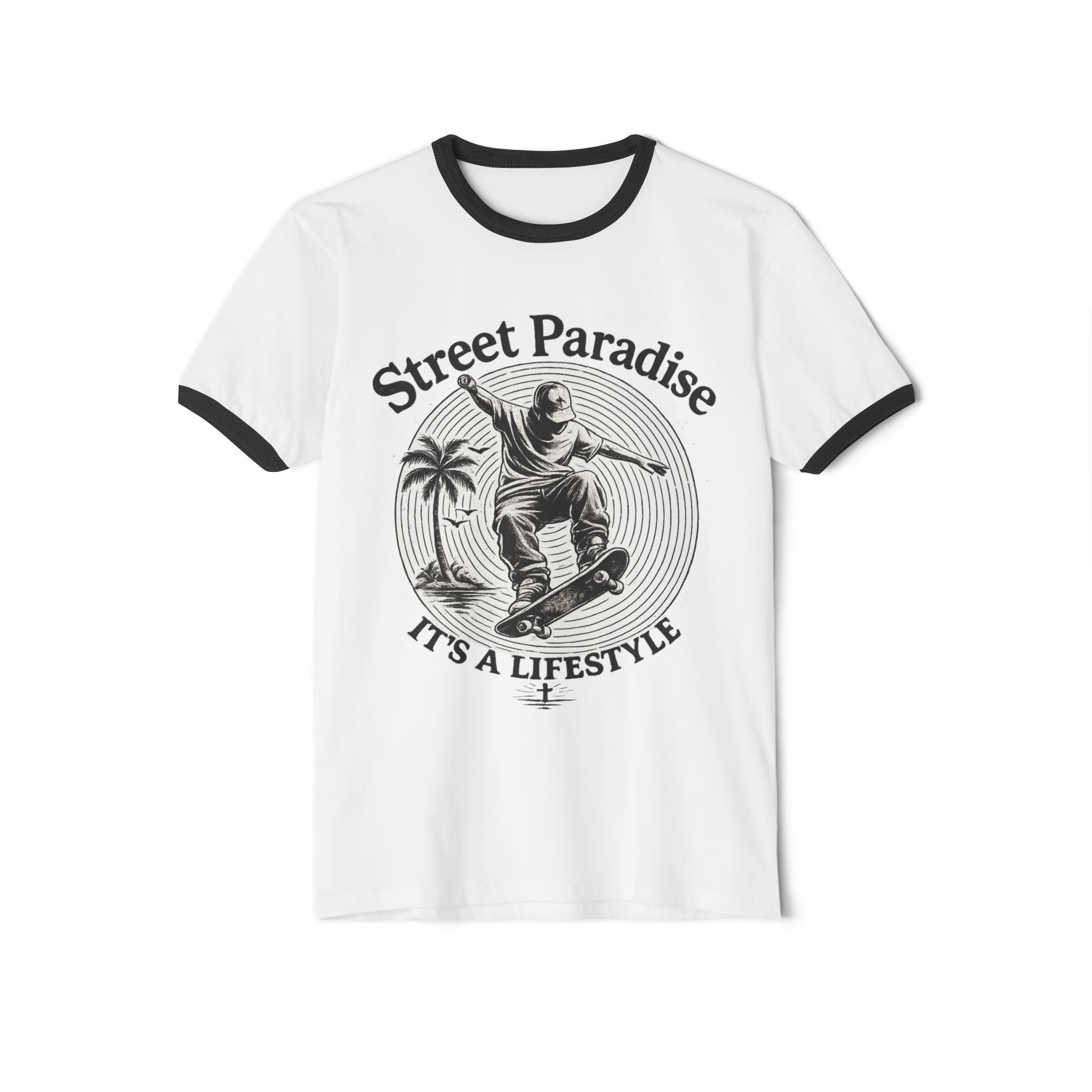 Skateboard Ringer T-Shirt — "Street Paradise: It&